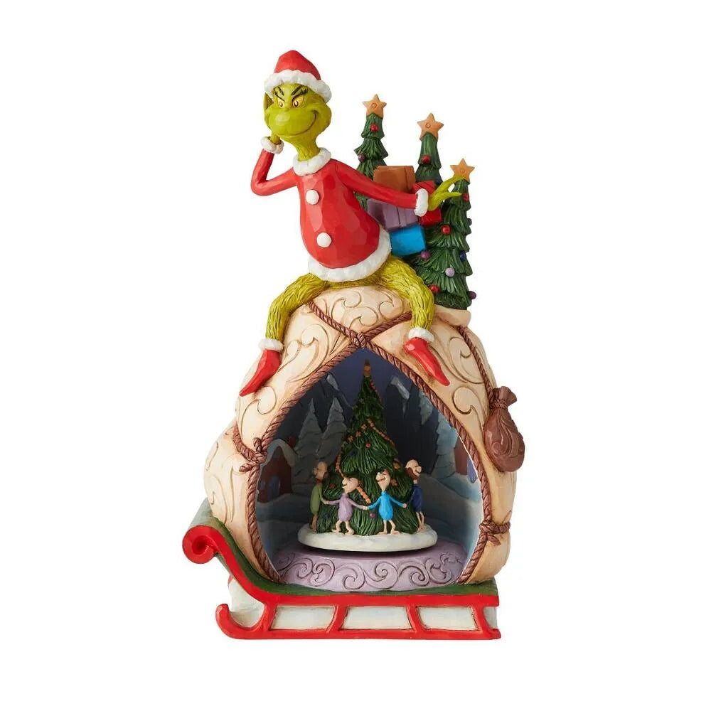 Grinch figurine atop a sack on a sleigh, with a lit interior diorama showing Who characters around a Christmas tree