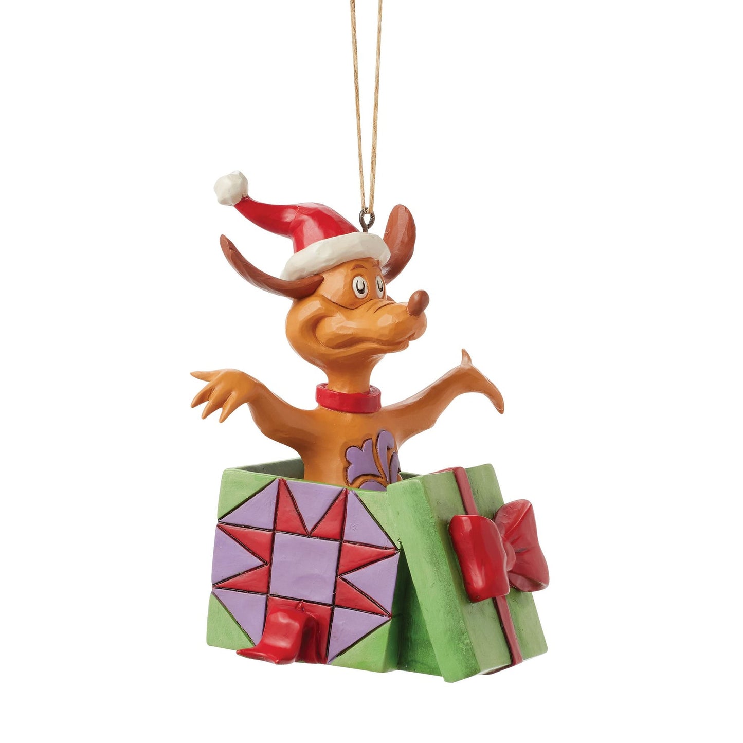 Max the dog hanging ornament facing front, arms outstretched, popping from green gift box with red bow, Santa hat, twine hanger