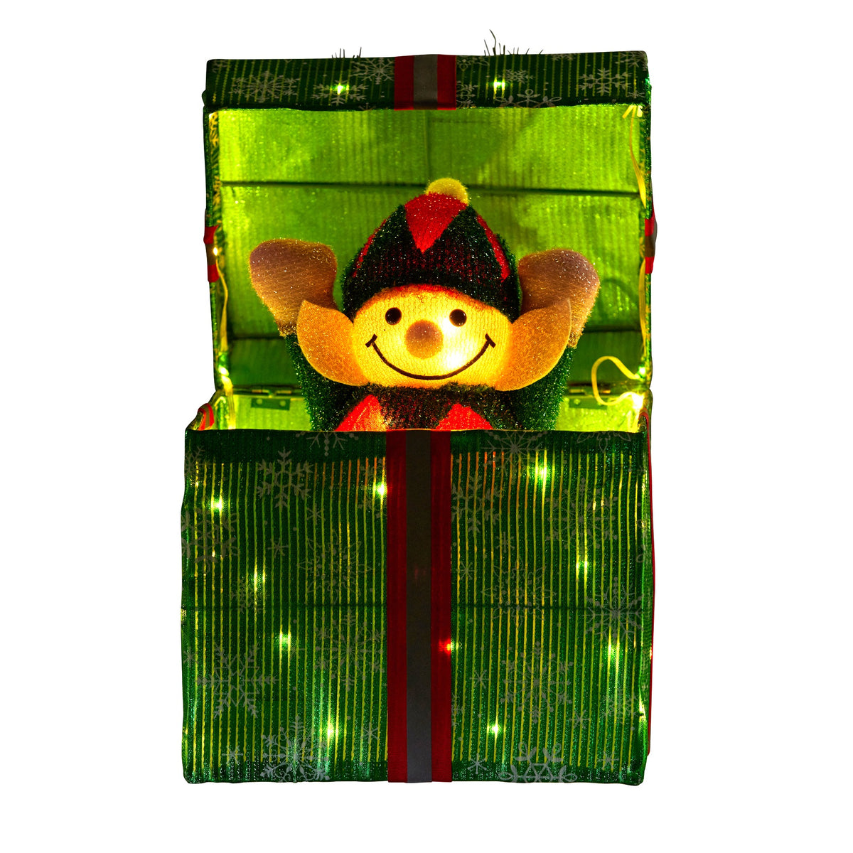 Green LED light-up gift box decoration with elf popping out and snowflake detail, lit
