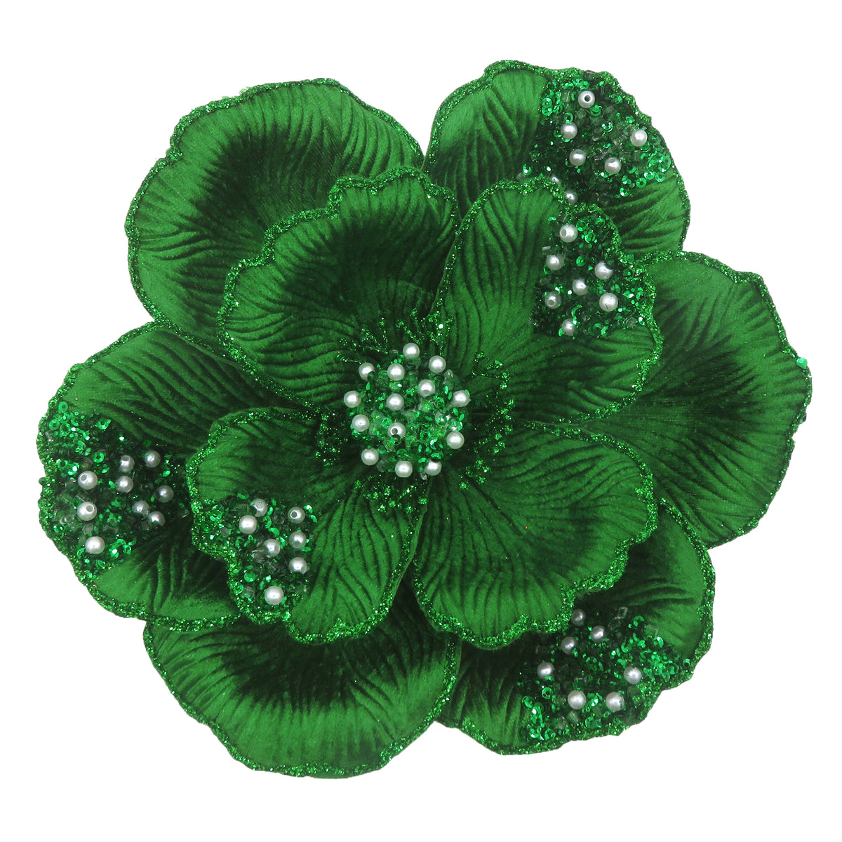 Emerald green beaded magnolia clip-on flower decoration with glitter petal edges and pearl and sequin bead detail