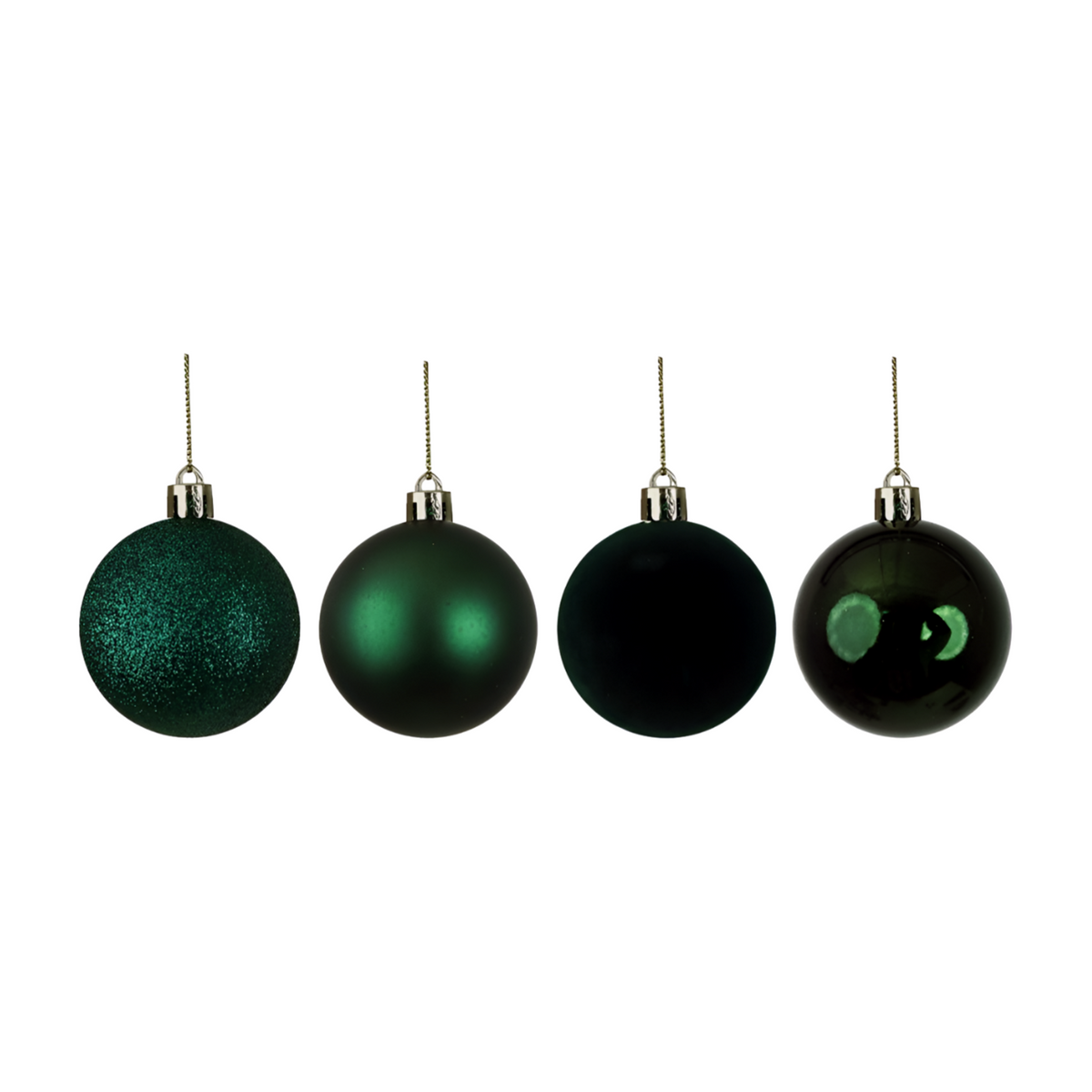 Set of four emerald green Christmas baubles in glitter, matte, satin, and glossy finishes hanging on white background