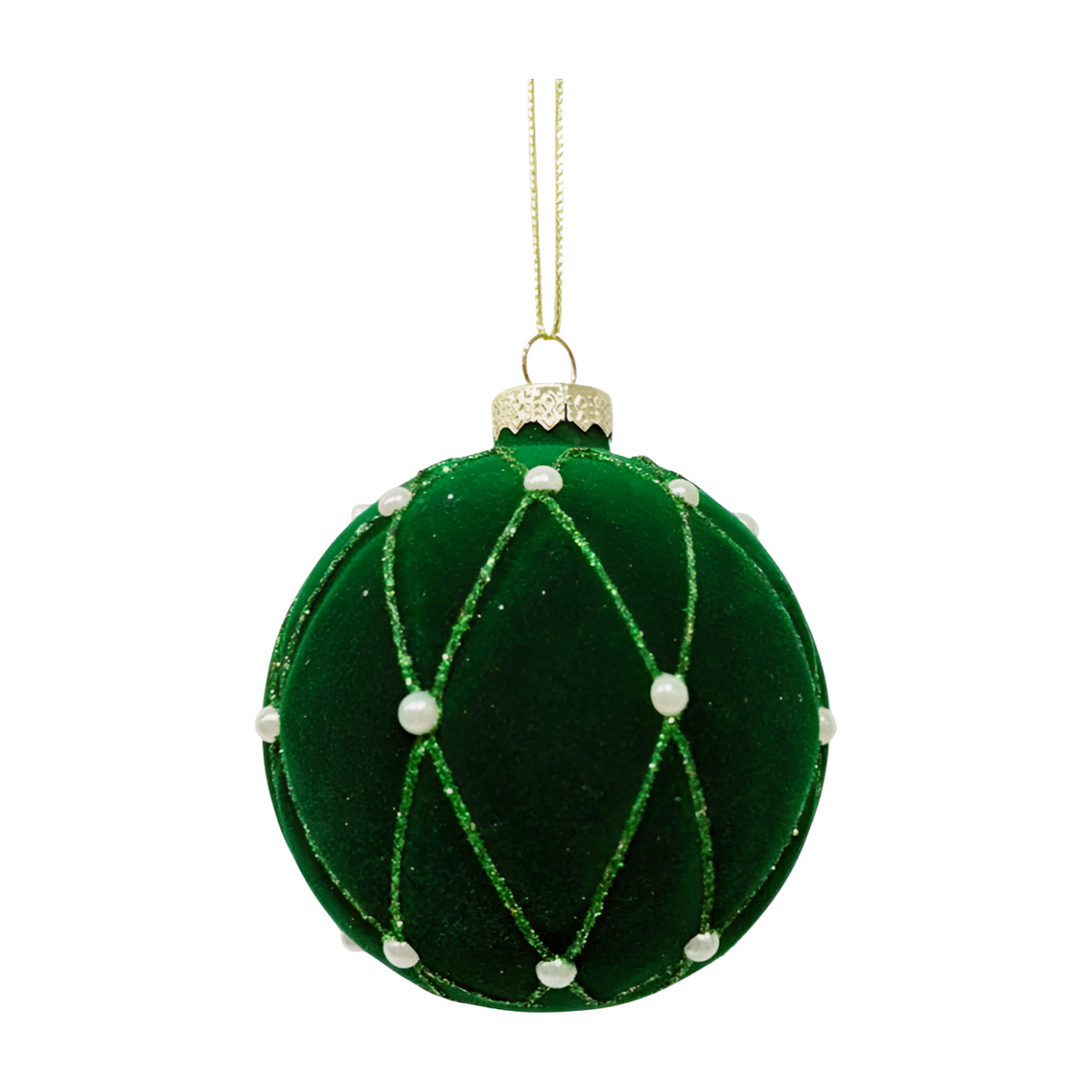 Emerald green velvet Christmas bauble with diamond glitter trellis and pearl bead detail