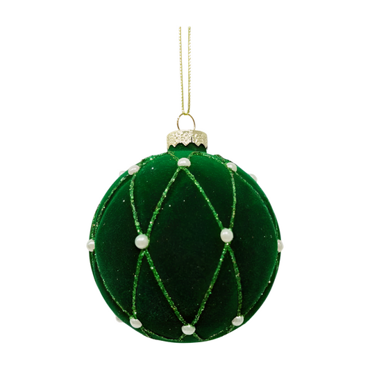 Emerald green velvet Christmas bauble with diamond glitter trellis and pearl bead detail