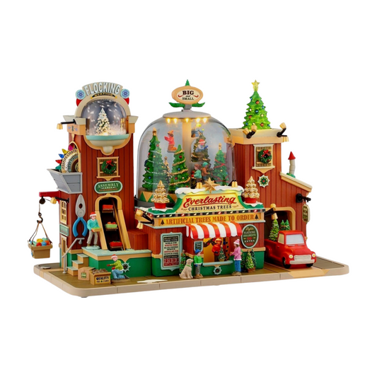Lemax Everlasting Christmas Trees village building with flocking station, dome display, mini figures, and red truck