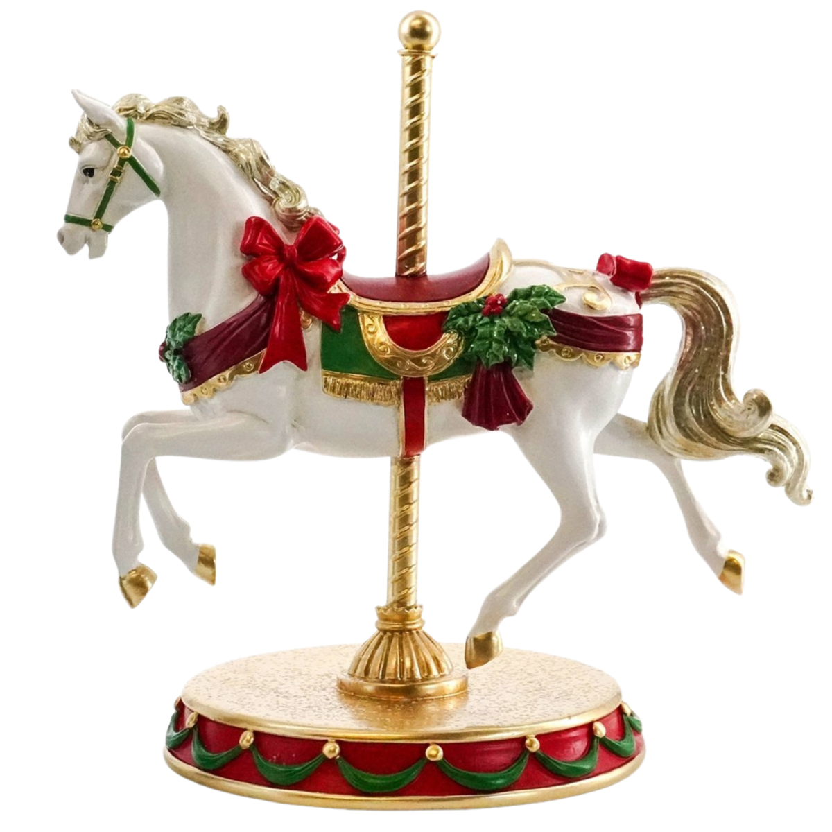Festive carousel horse figurine with red bow, holly wreath, and gold pole base