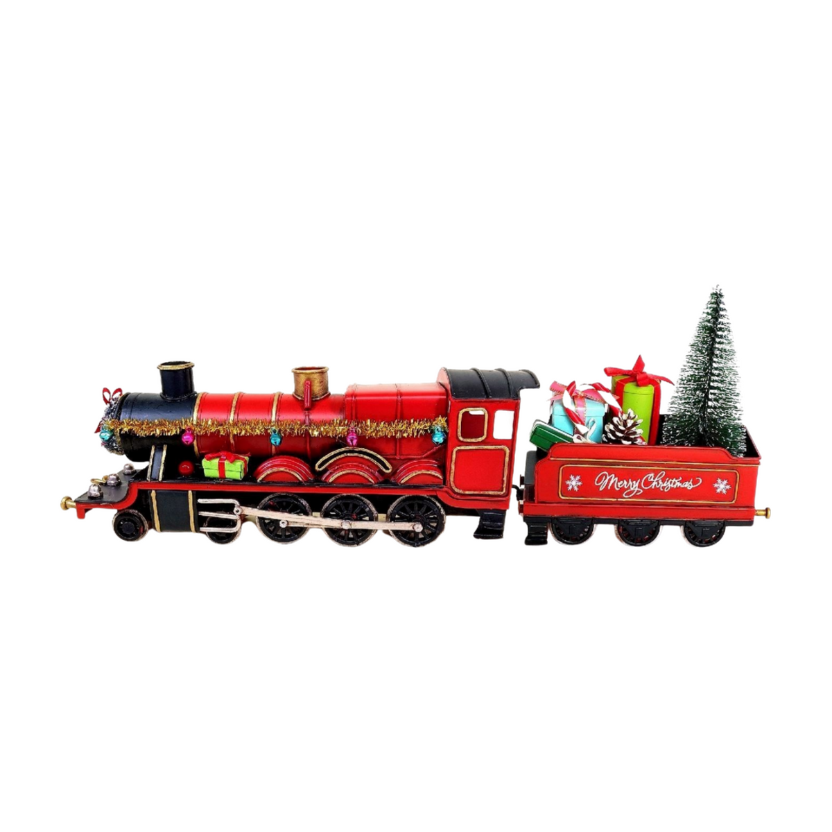 Red metal Christmas train with gold accents, presents, and a miniature Christmas tree in the carriage labeled “Merry Christmas”