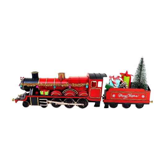 Red metal Christmas train with gold accents, presents, and a miniature Christmas tree in the carriage labeled “Merry Christmas”