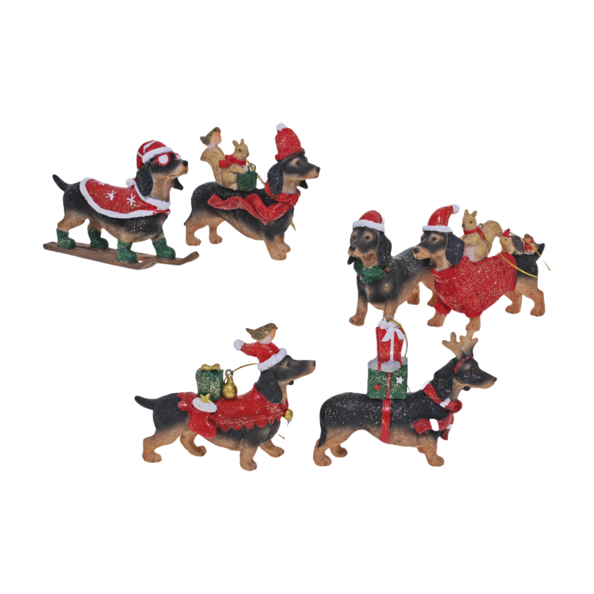 Festive dachshund Christmas figurines wearing Santa hats and holiday outfits, including sleighs and presents