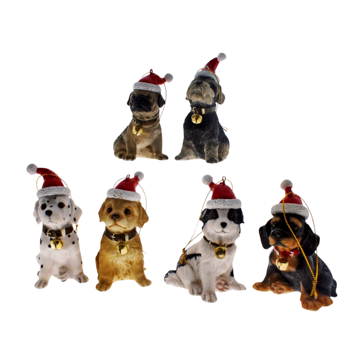 Six dog Christmas ornaments wearing red Santa hats and gold bells