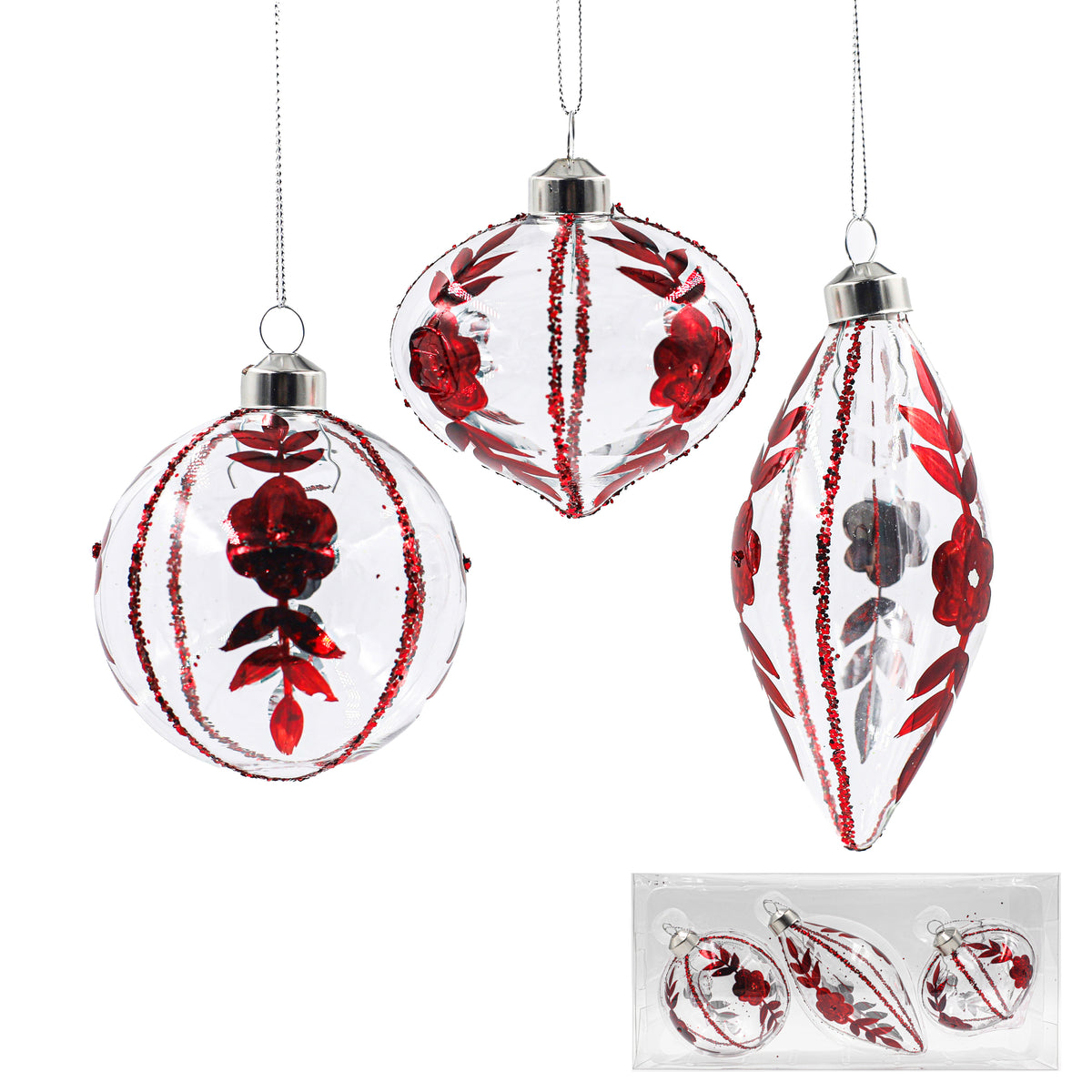 Set of three glass ornaments with red floral decoration and glitter stripes in ball, onion and drop shapes