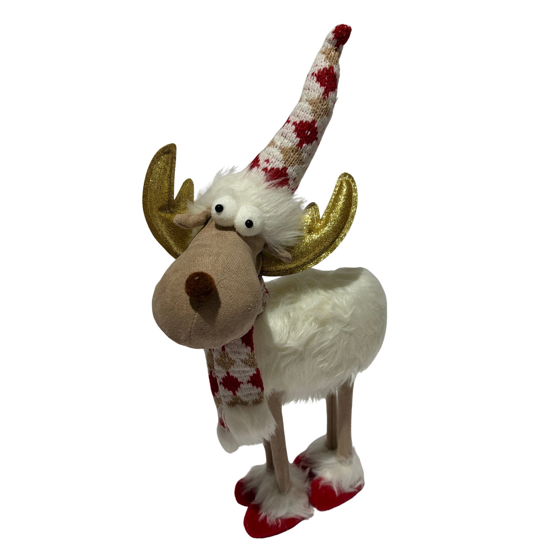 Plush festive reindeer with gold antlers, red-and-white hat and scarf, and red boots