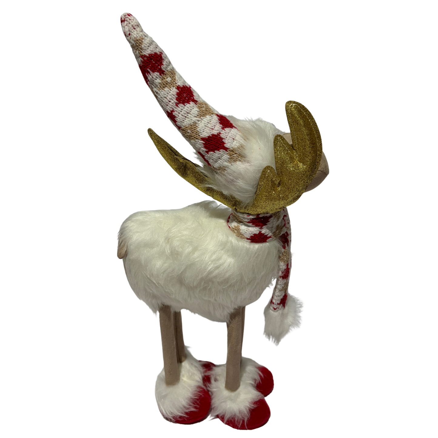 Plush festive reindeer with gold antlers, red-and-white hat and scarf, and red boots