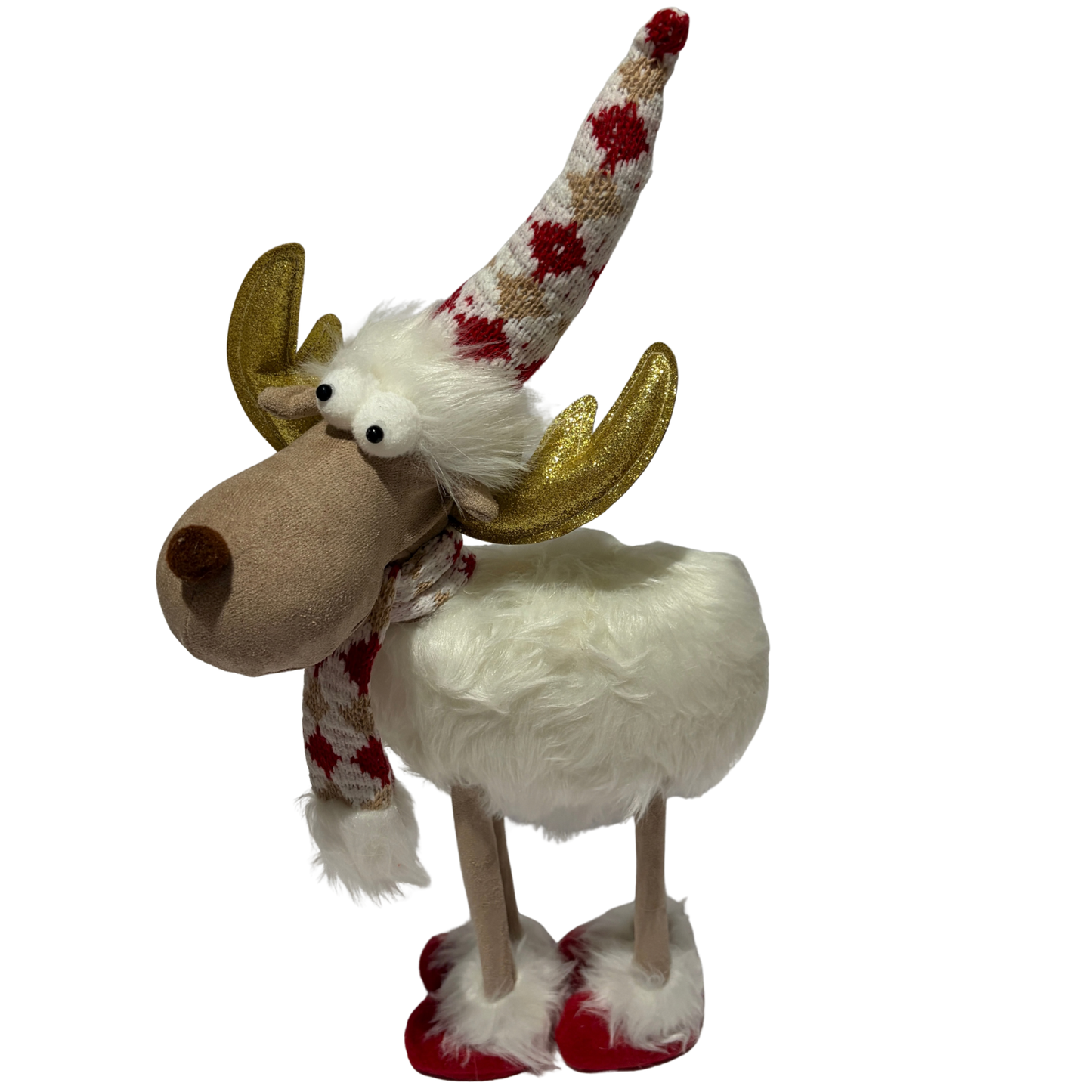Plush festive reindeer with gold antlers, red-and-white hat and scarf, and red boots