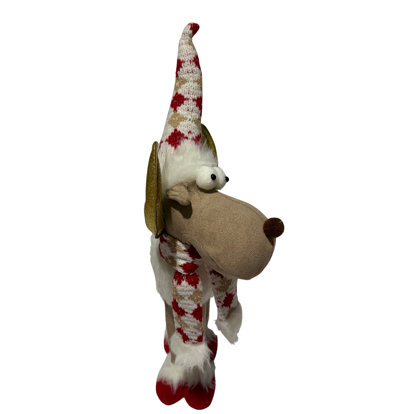 Plush festive reindeer with gold antlers, red-and-white hat and scarf, and red boots