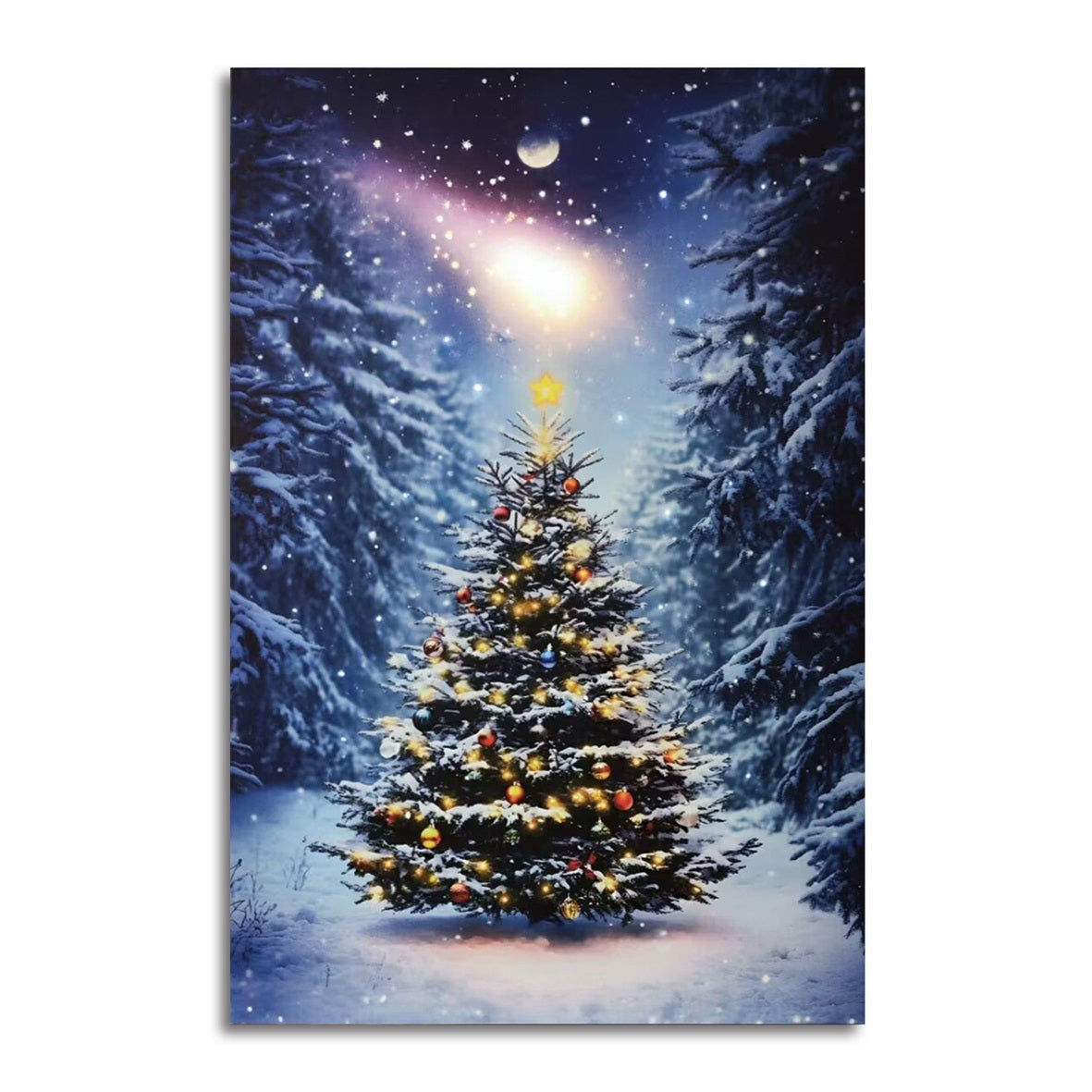 Lit fibre optic wall picture of a glowing Christmas tree in a snowy forest under a starry night sky