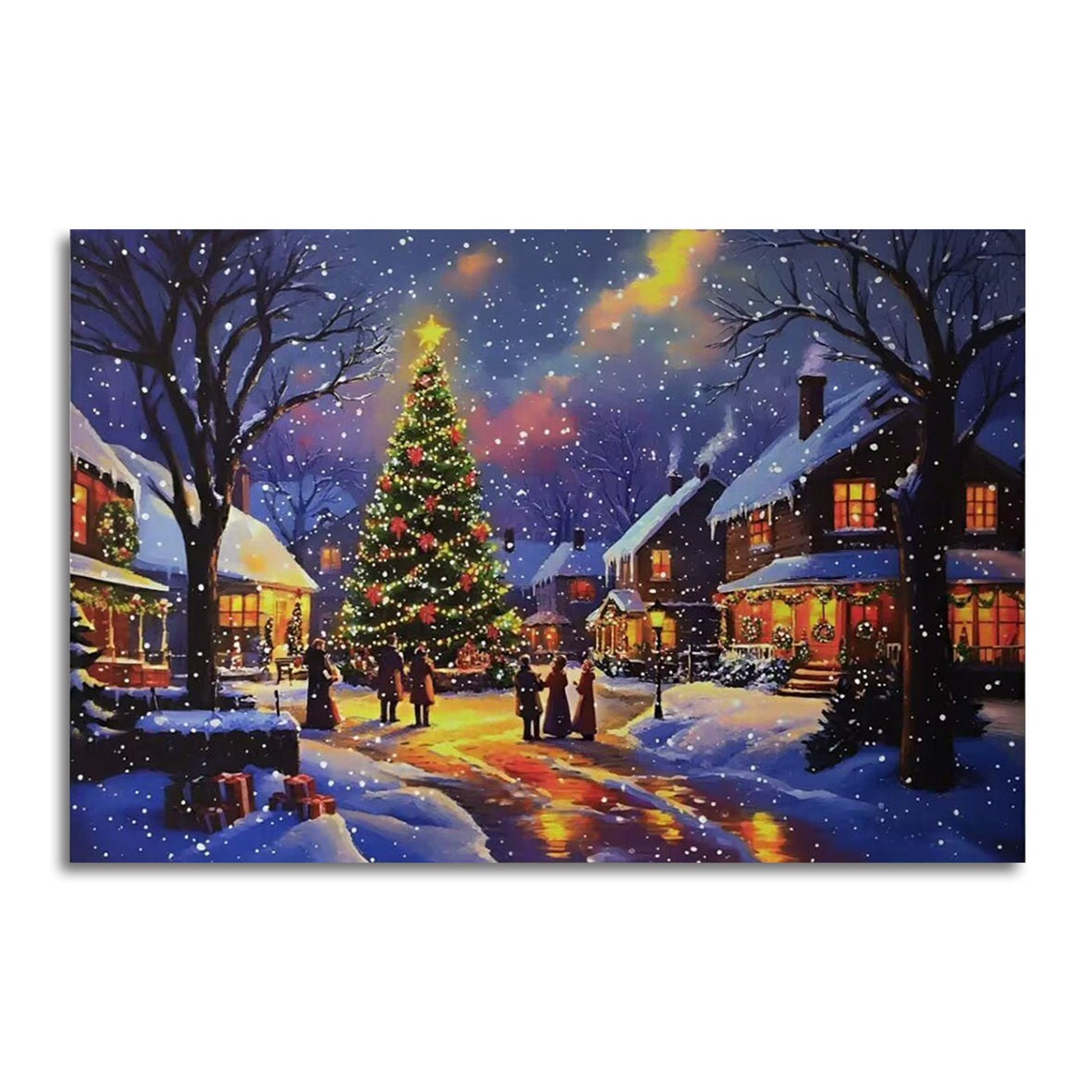 Lit fibre optic wall picture of a snowy village with a glowing Christmas tree and warmly lit houses