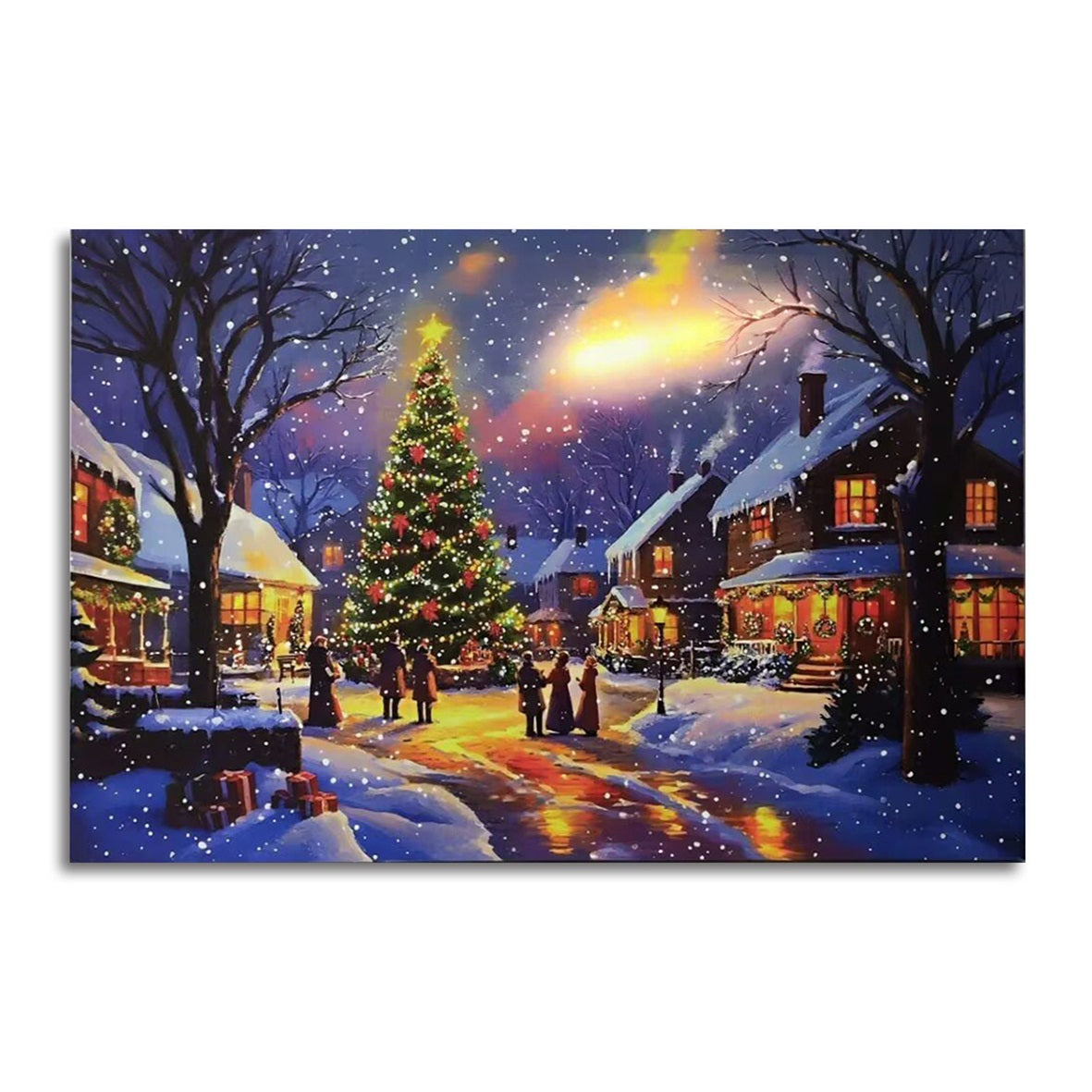 Fibre optic wall picture of a snowy village with a glowing Christmas tree and warmly lit houses