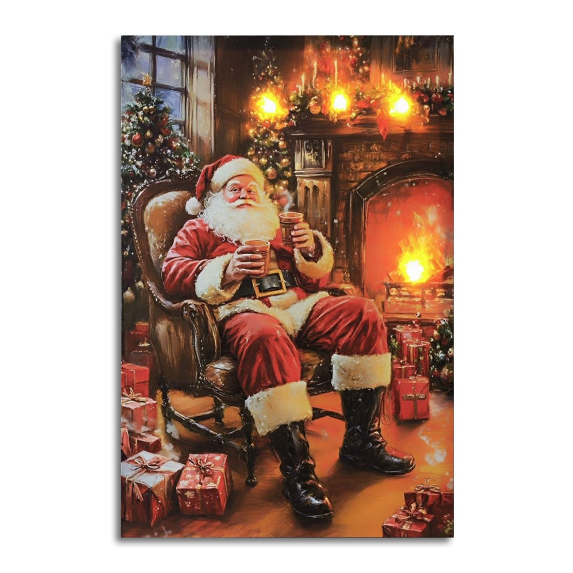 Lit fibre optic Christmas wall picture of Santa sitting by a glowing fireplace surrounded by presents and a decorated tree
