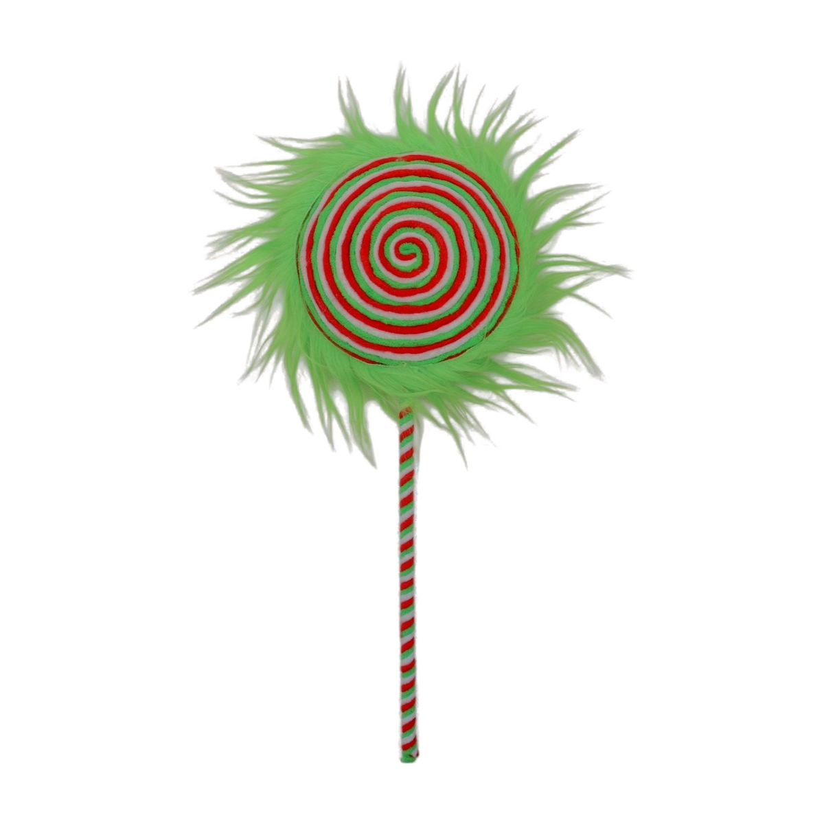 Red and green spiral lollipop pick with fluffy green faux fur trim