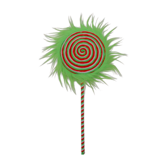 Red and green spiral lollipop pick with fluffy green faux fur trim