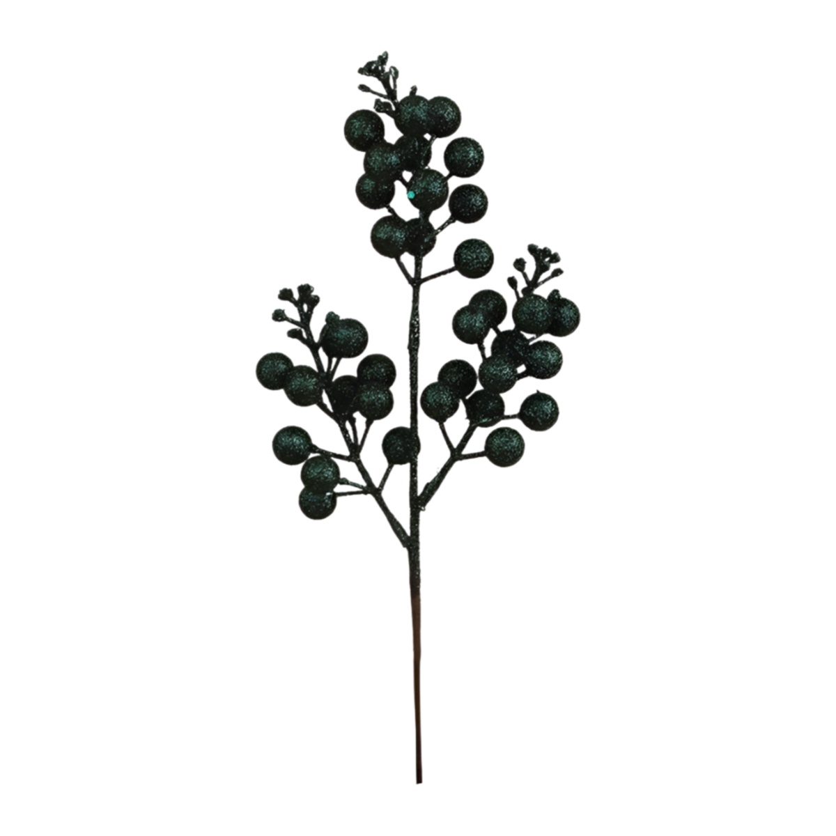 Forest green glitter berry pick with full clusters of glitter-coated berries on branching stems