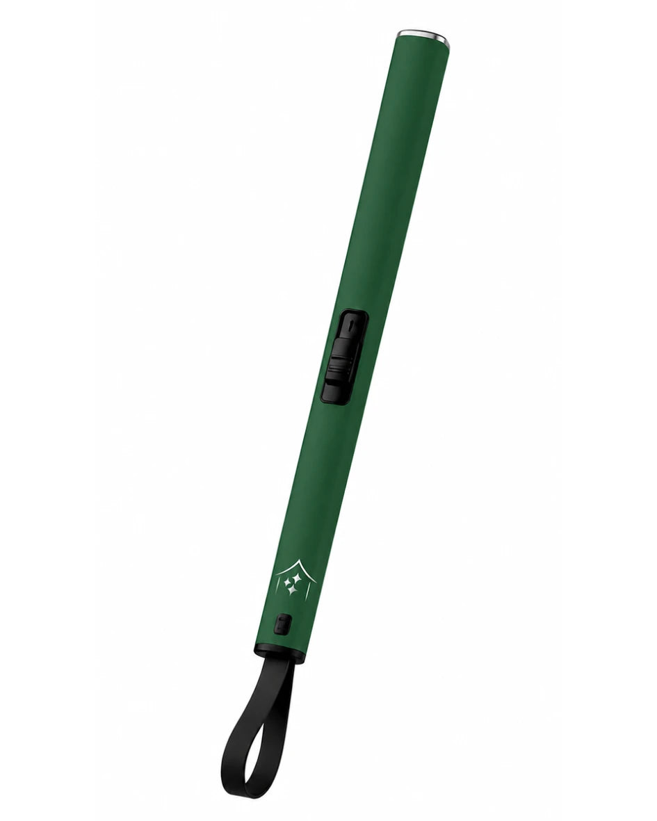 Forest green rechargeable arc lighter with sliding switch, metal tip, and black wrist strap