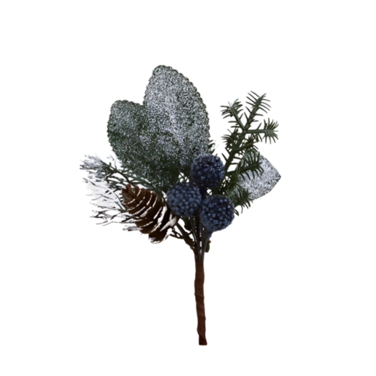 Frosted blueberry Christmas pick with cedar sprigs, pine branches, eucalyptus, and a natural pinecone