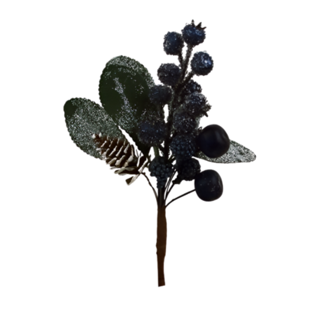 Frosted blueberry Christmas pick with large and small berry clusters, eucalyptus leaves, and a pinecone
