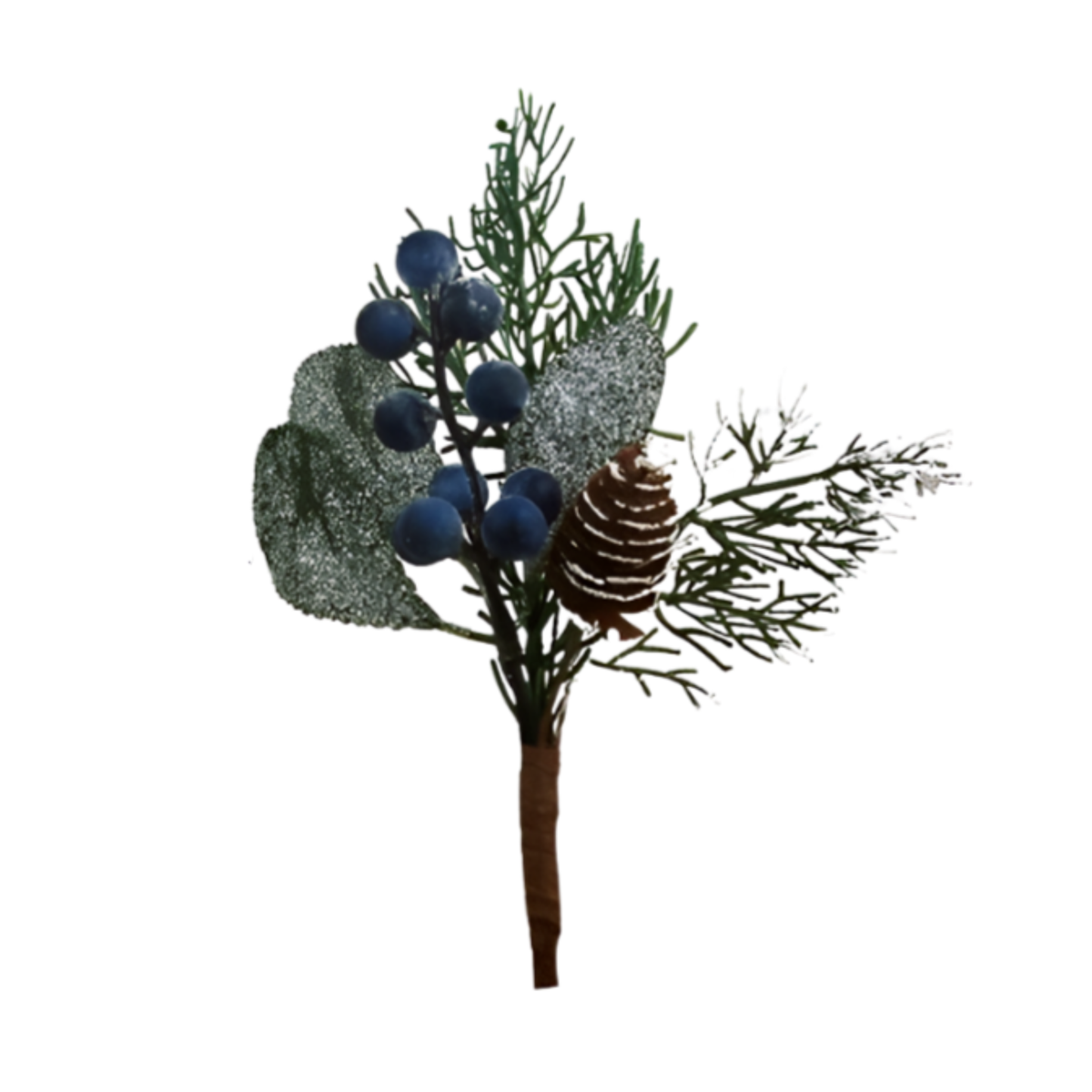 Frosted blueberry Christmas pick with eucalyptus leaves, pine sprigs, and a natural pinecone