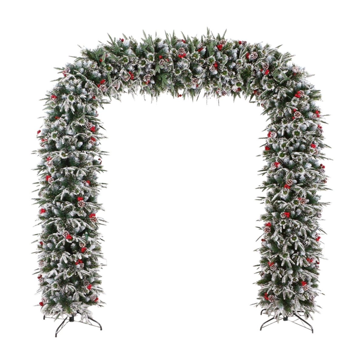 Frosted Christmas arch decorated with snow-dusted greenery, red berries, and pinecones