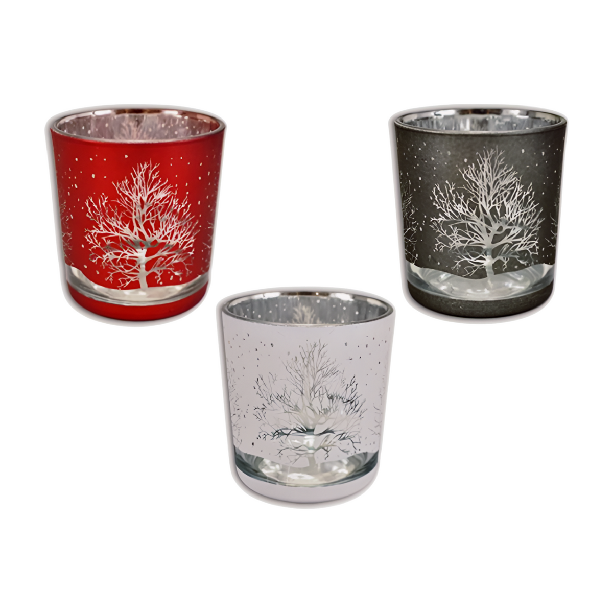 Set of three frosted glass tealight candle holders with silver winter tree design in red, white and silver