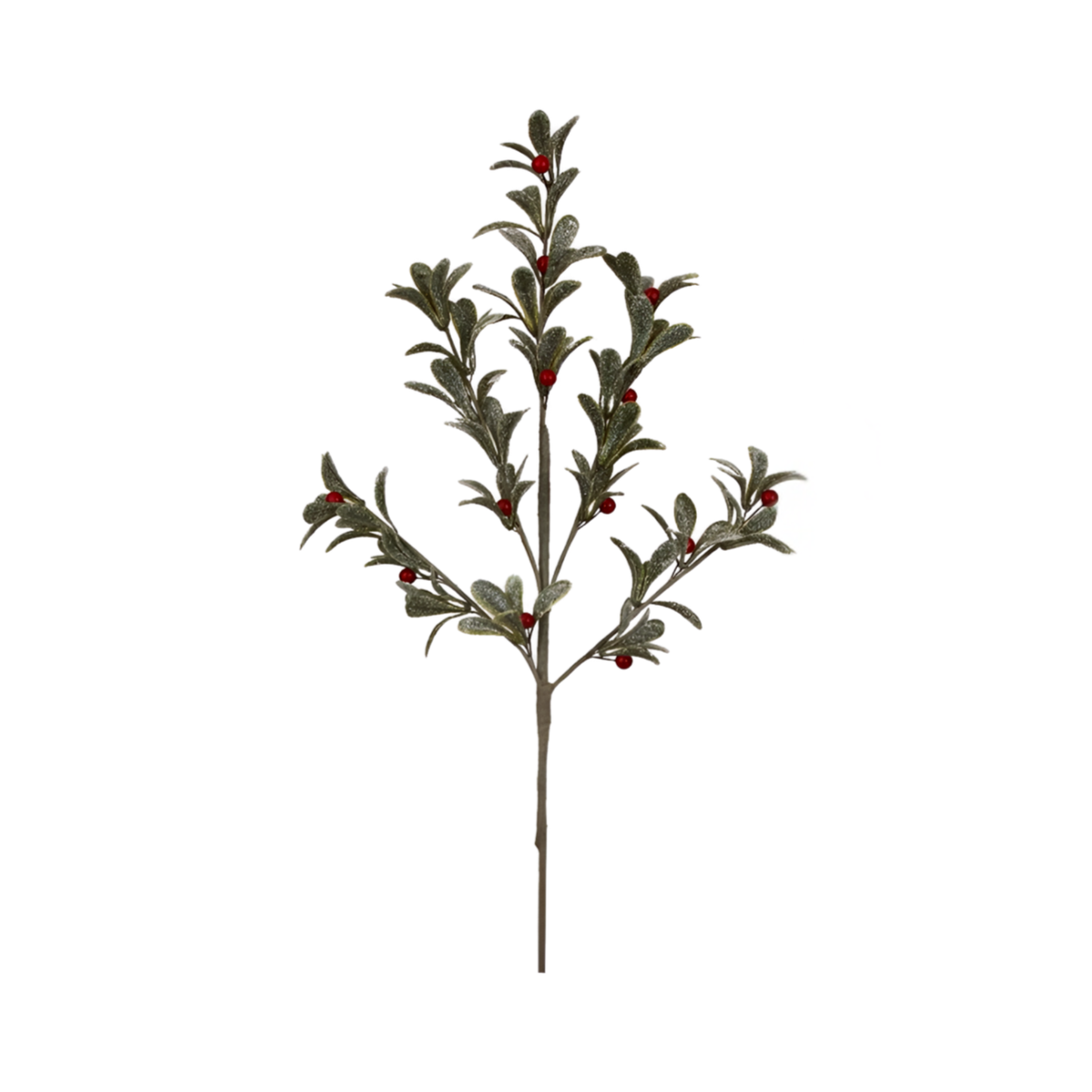 Frosted green mistletoe glitter pick with textured leaves and clusters of red berries