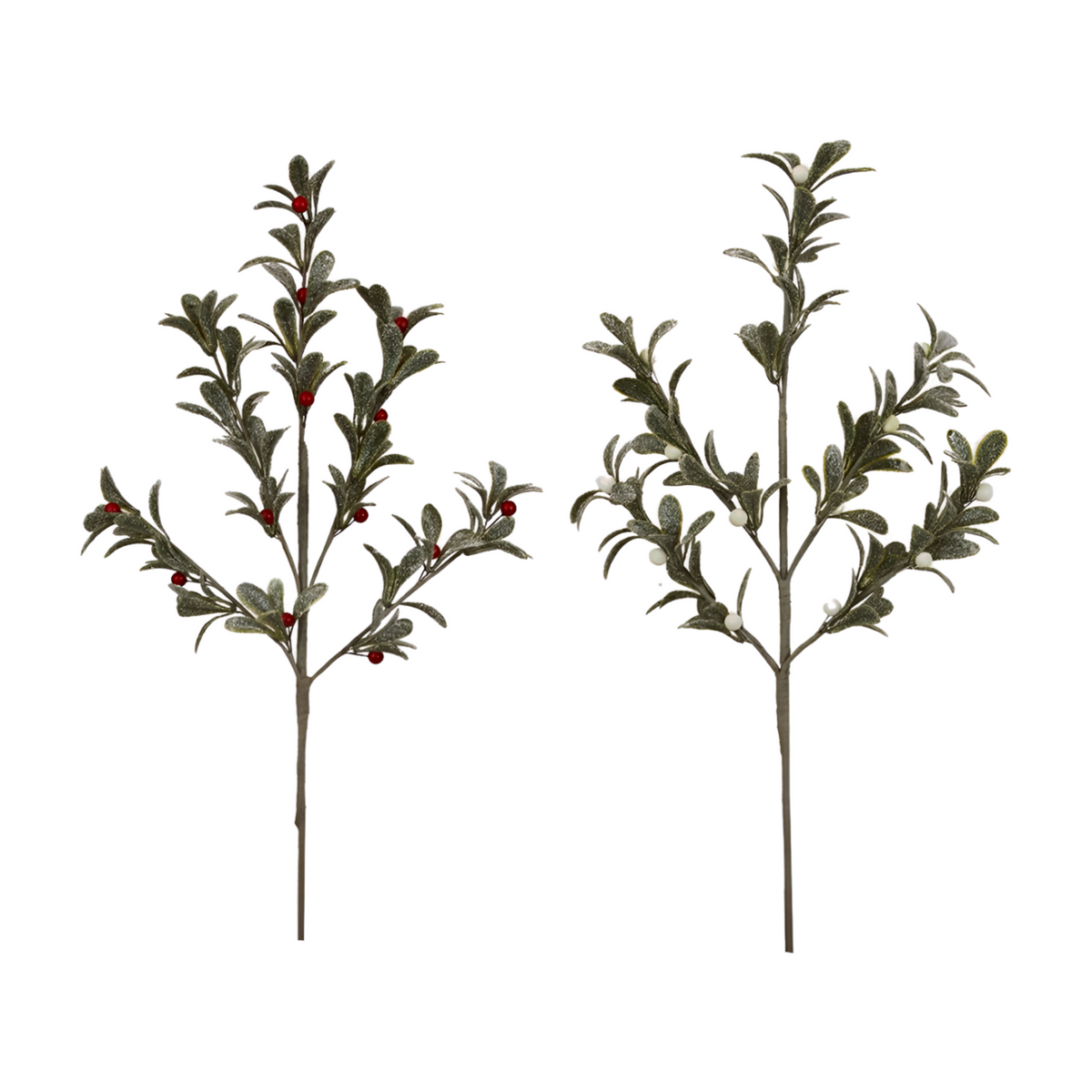Frosted green mistletoe glitter picks with textured leaves, one with red berries and one with white berries