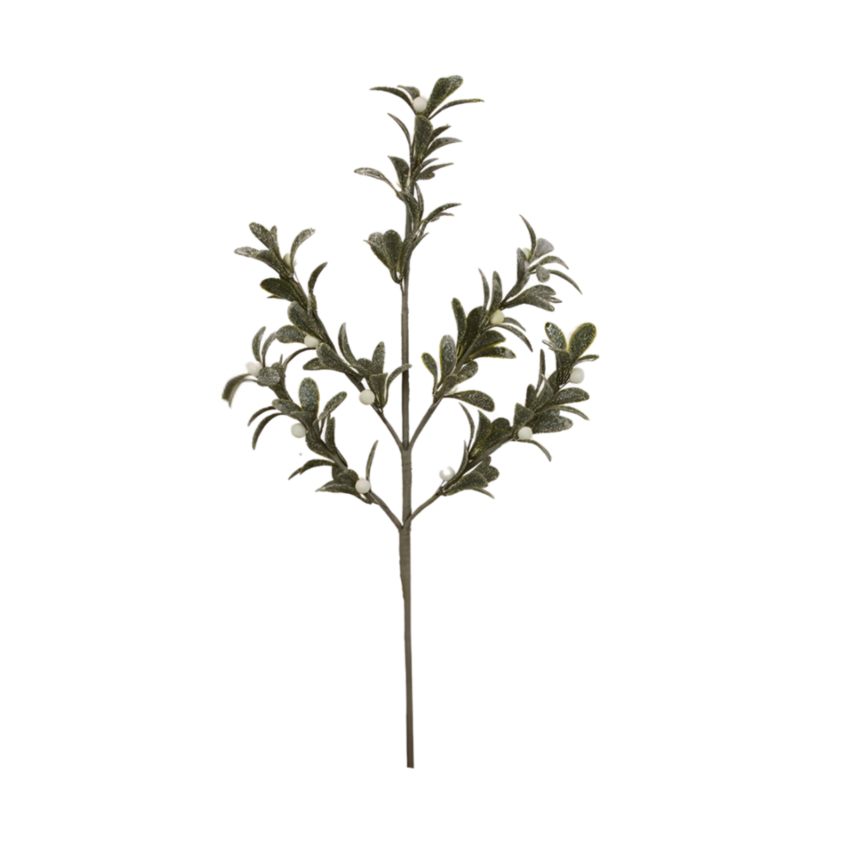Frosted green mistletoe glitter pick with textured leaves and clusters of white berries