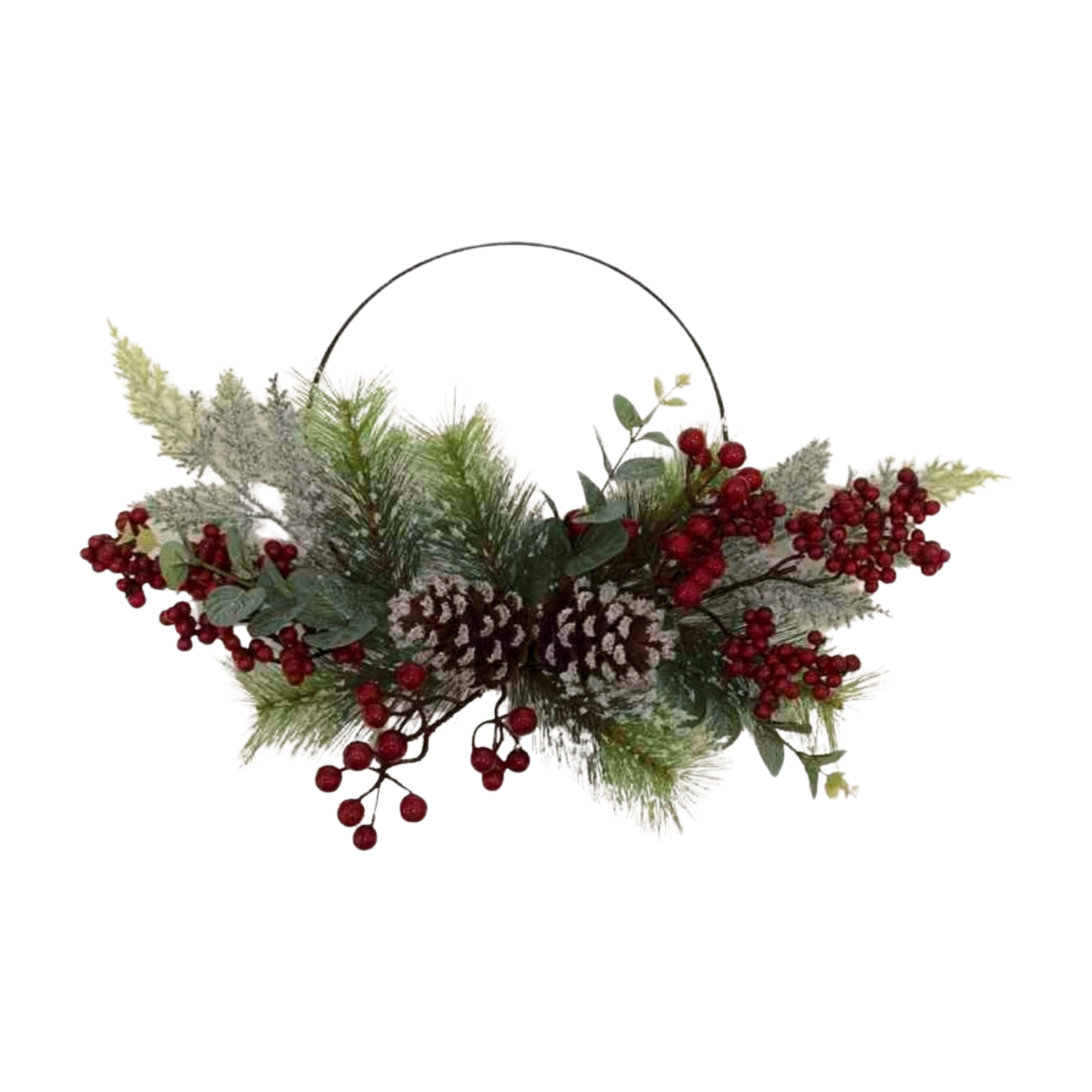 Frosted pine and berry wreath with greenery, pinecones, red berries, and a metal hoop frame