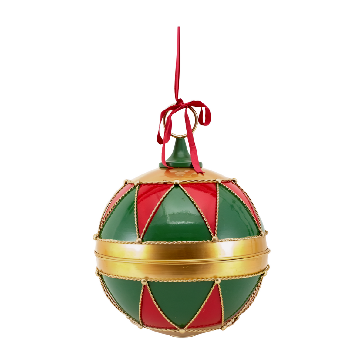 Giant red, green and gold harlequin patterned bauble bell with rope trim, stud detail, and red ribbon bow
