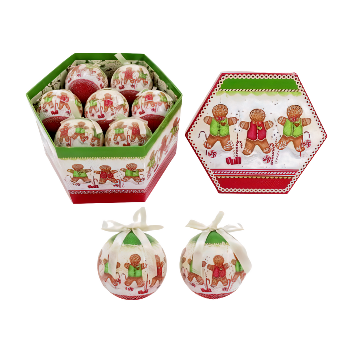 Gingerbread-themed Christmas music box with matching baubles decorated with gingerbread figures, candy canes, and festive ribbons