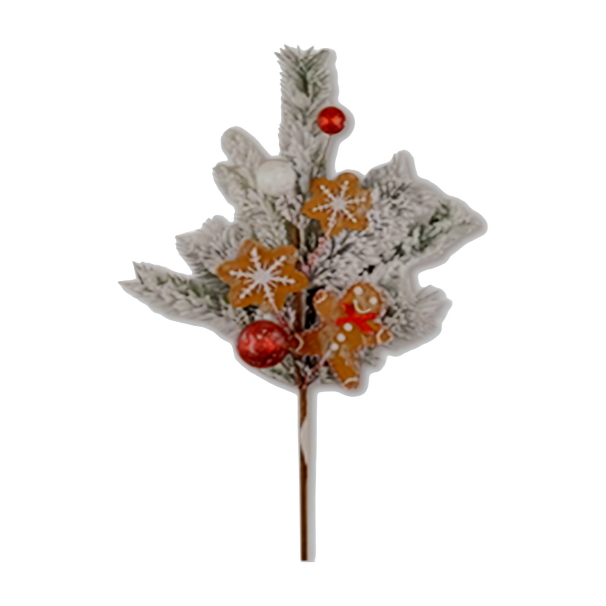 Frosted Christmas pick with gingerbread men, snowflake cookies, and red baubles