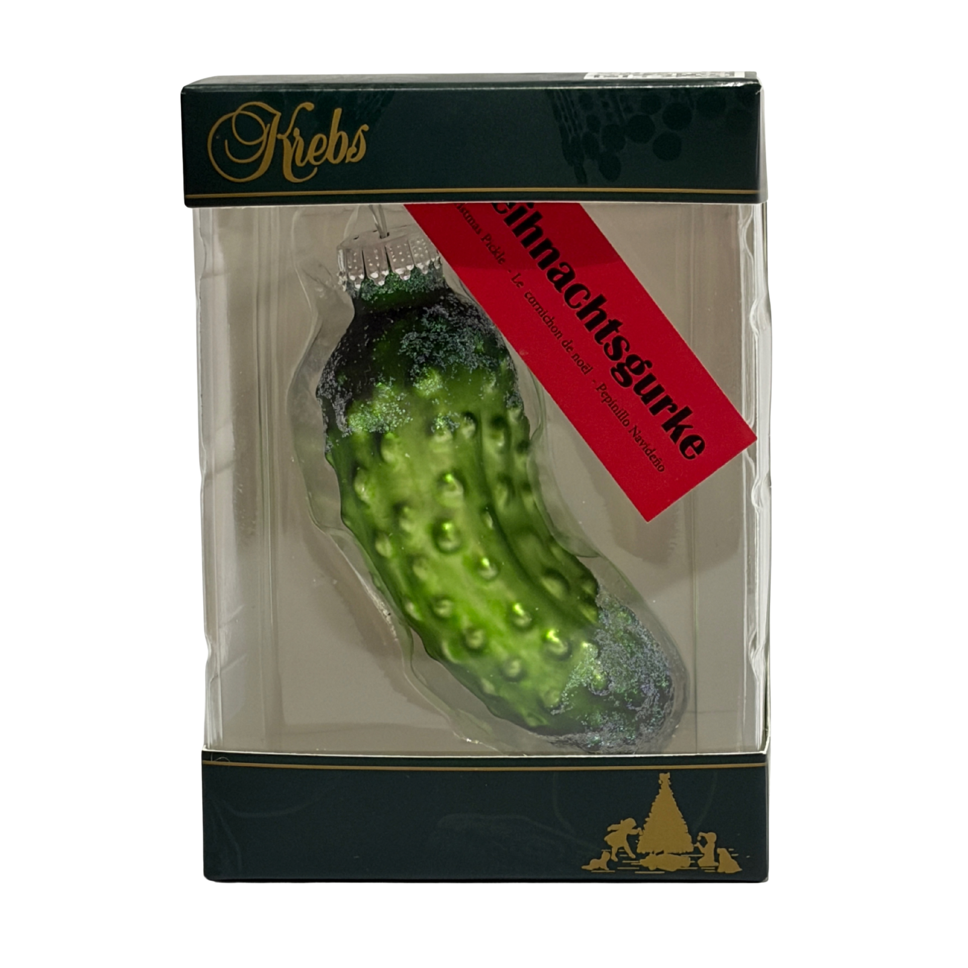 Decorative pickle ornament in packaging with 'Krebs' branding.