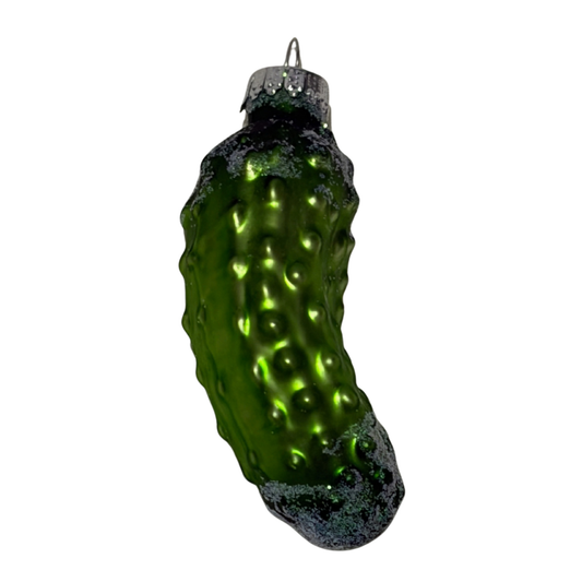 Green glass Christmas pickle decoration with glitter accents