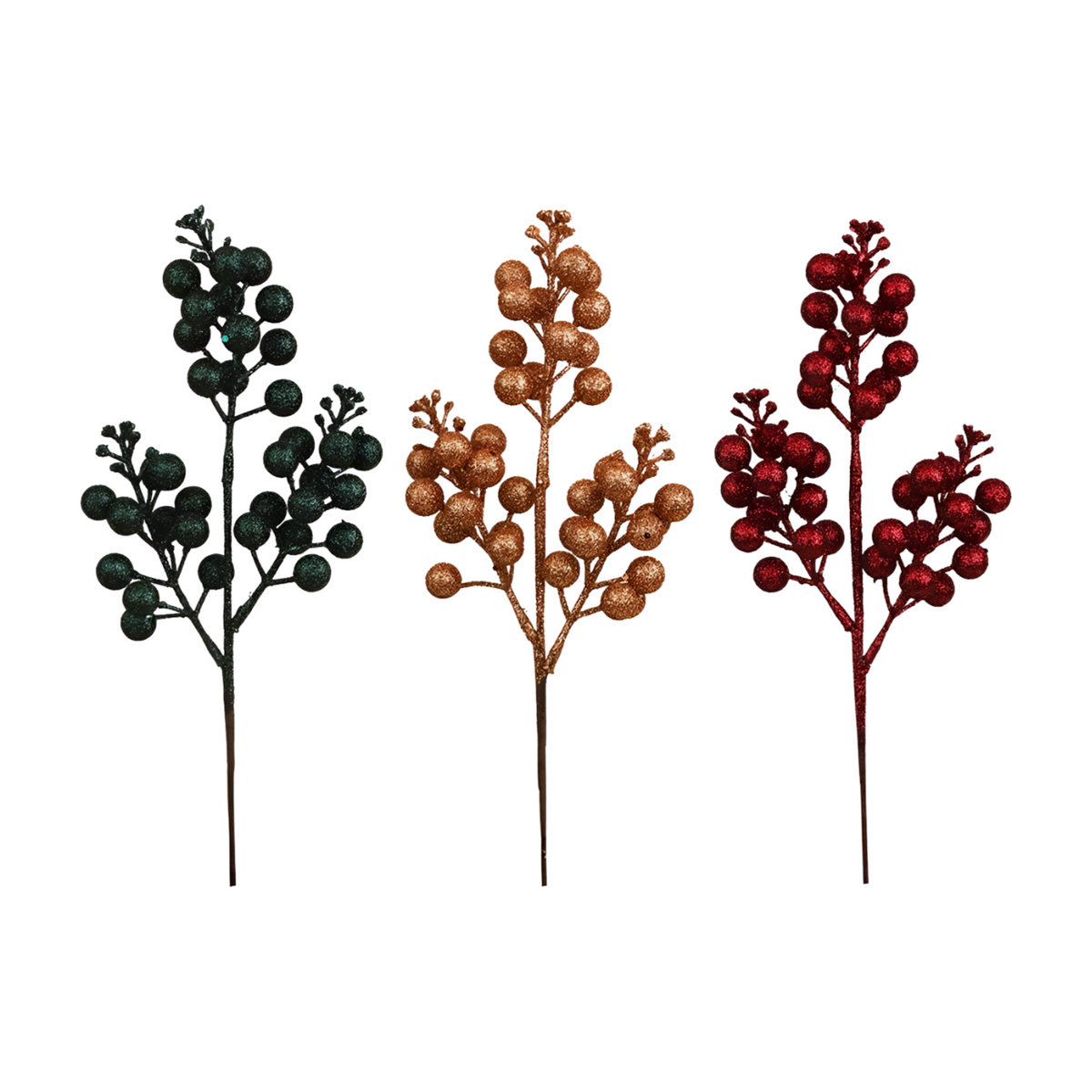 Forest green, rose gold, and burgundy glitter berry picks with full clusters of glitter-coated berries