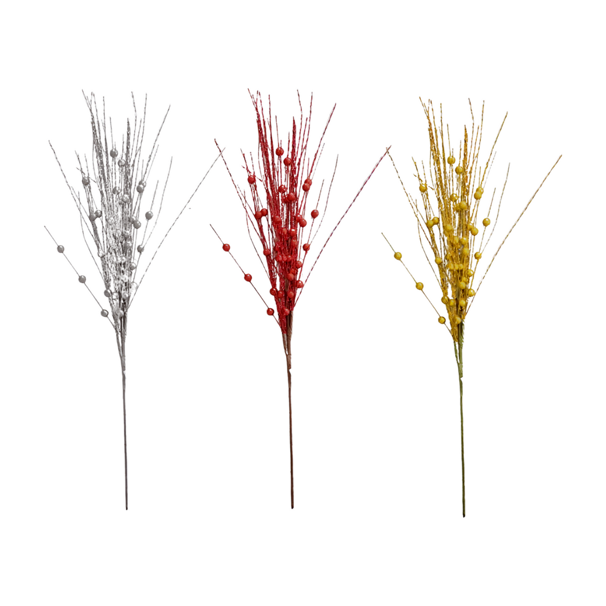 Three glitter berry spray Christmas picks in silver, red and gold colourways