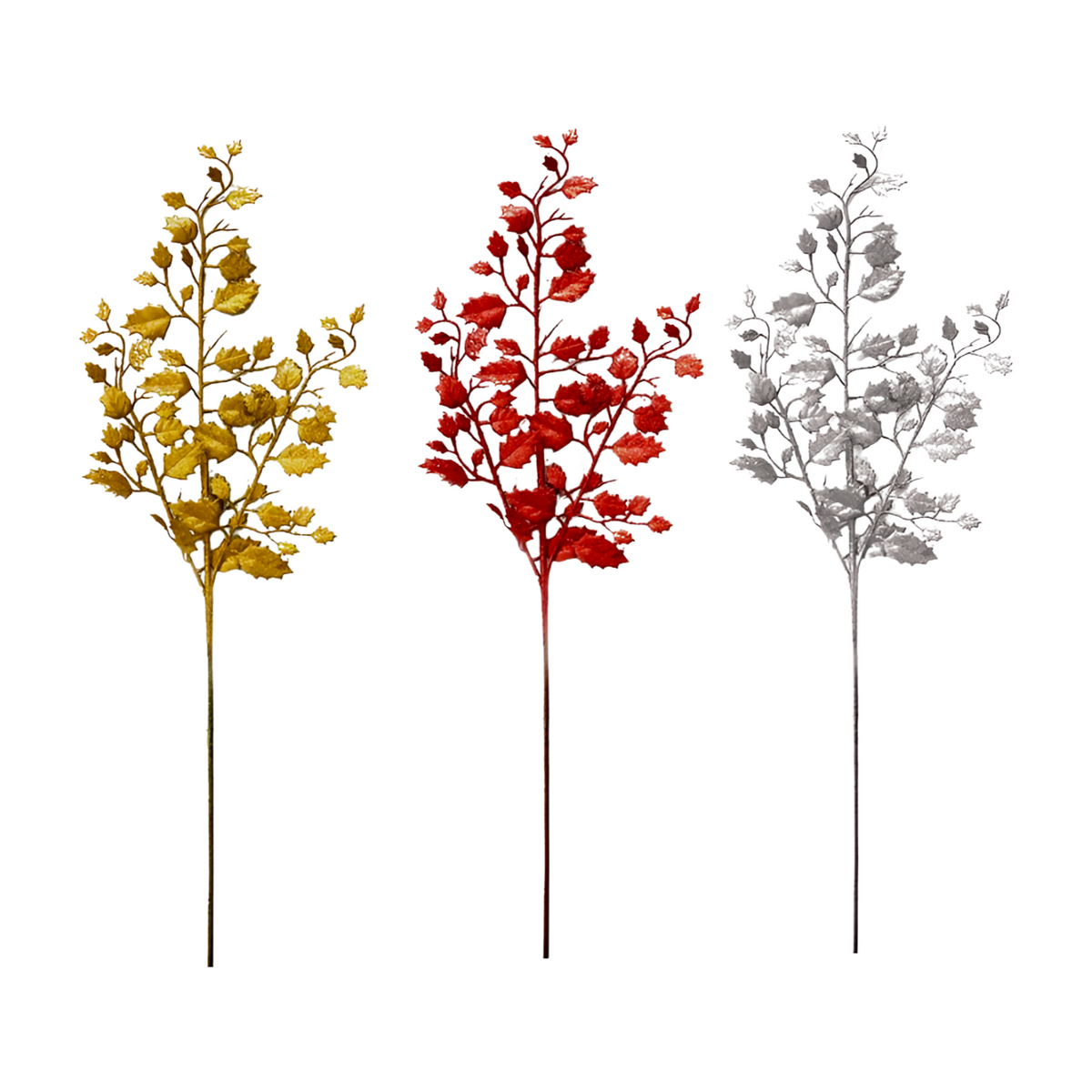 Three glitter leaf spray Christmas picks in gold, red and silver colourways