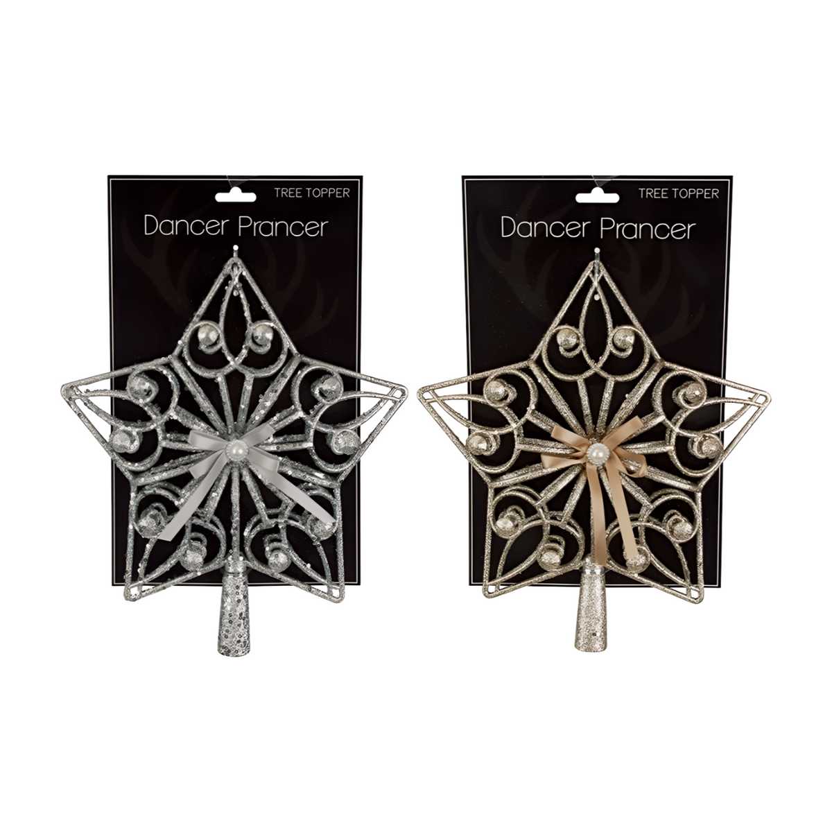 Champagne and silver glitter star tree toppers with filigree scrollwork, bead accents, and ribbon bows-1