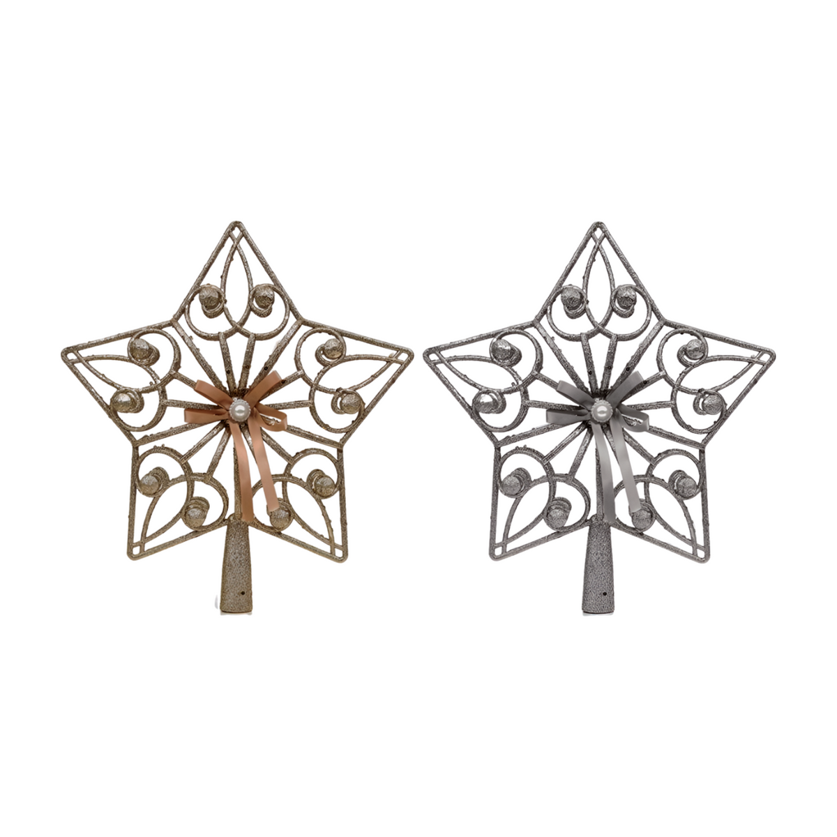 Champagne and silver glitter star tree toppers with filigree scrollwork, bead accents, and ribbon bows
