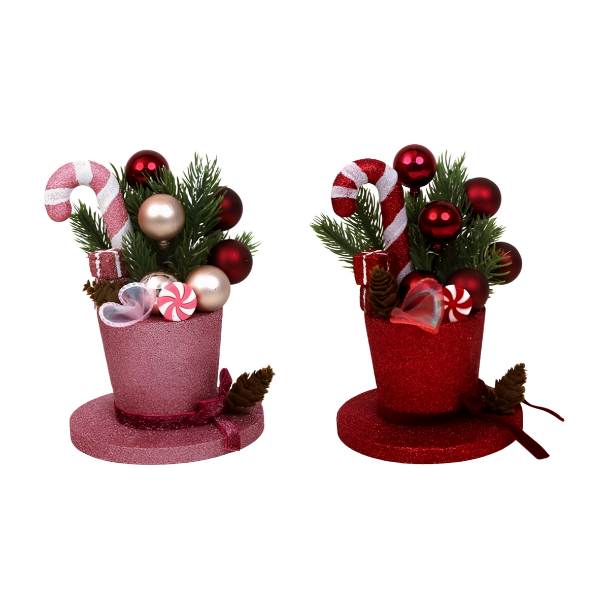 Pink and red glitter top hat Christmas decorations filled with candy canes, baubles and festive picks