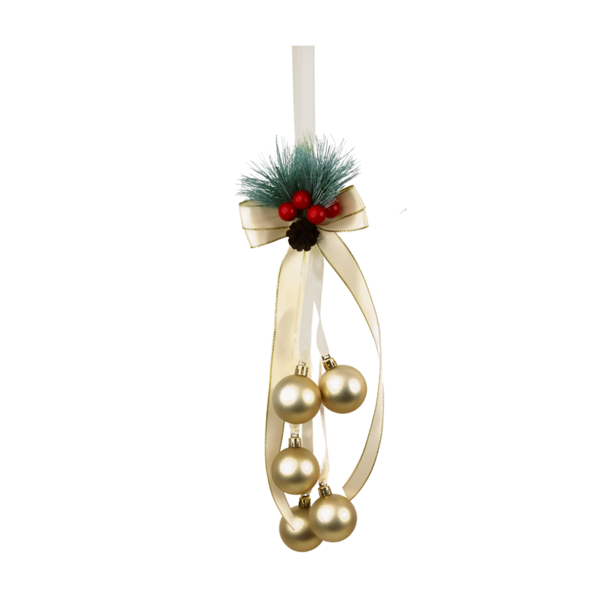 Gold bauble cluster door hanger with cream ribbon bow, frosted pine sprigs, red berries, and a pinecone