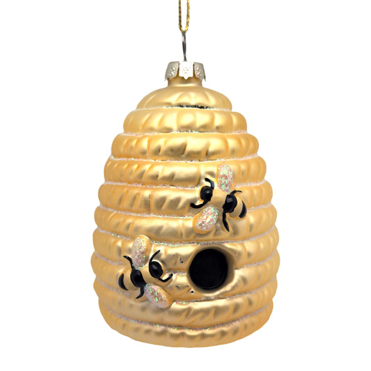 Gold glass beehive ornament with moulded skep design, iridescent glitter detail and painted bees