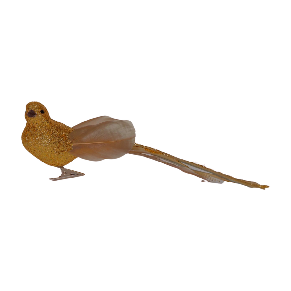 Gold bird decoration with glittered body, pearlescent wings, long feathered tail, and metal clip for attaching to décor