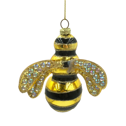 Gold and black bumble bee glass hanging ornament with iridescent gem wings and gold glitter detail